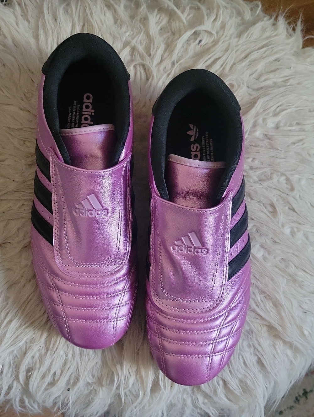 adidas womens Metallic Purple-Pink Soccer Sneakers with Black Stripes